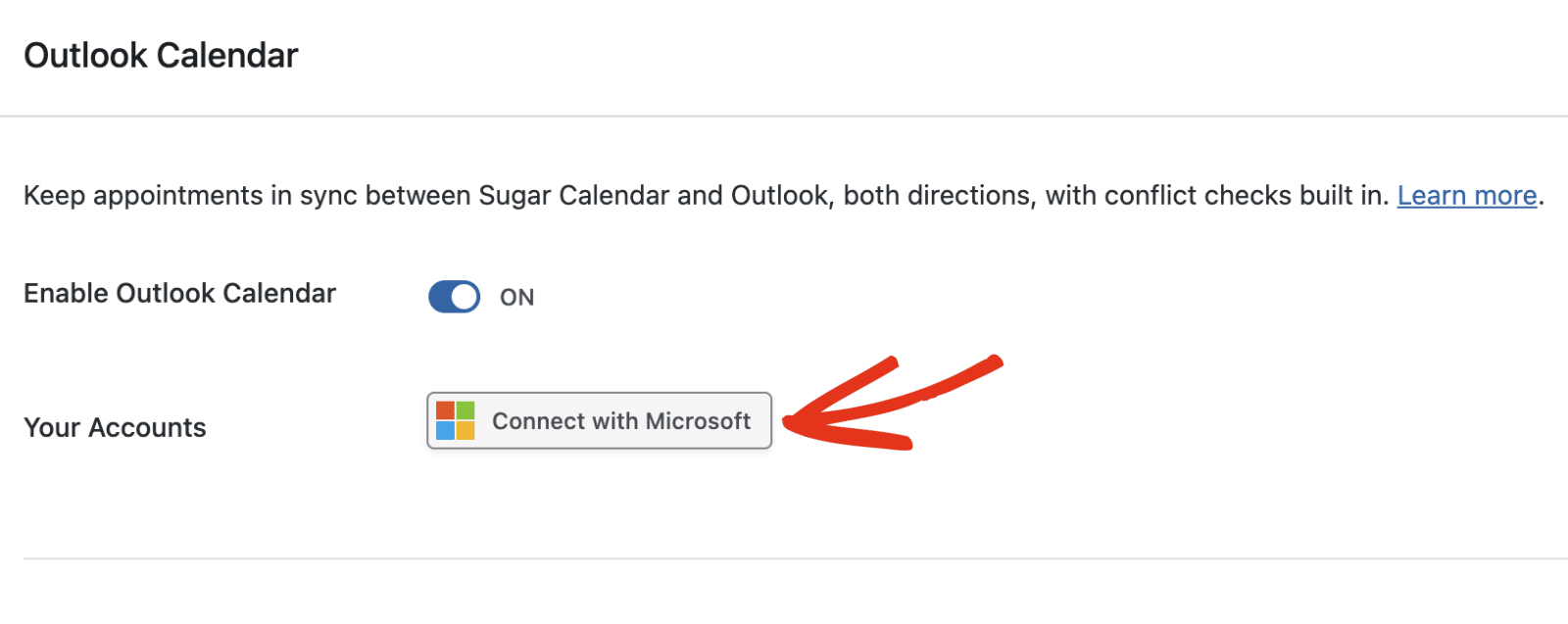 The Outlook Calendar panel with the Enable Outlook Calendar toggle on and the Connect with Microsoft button