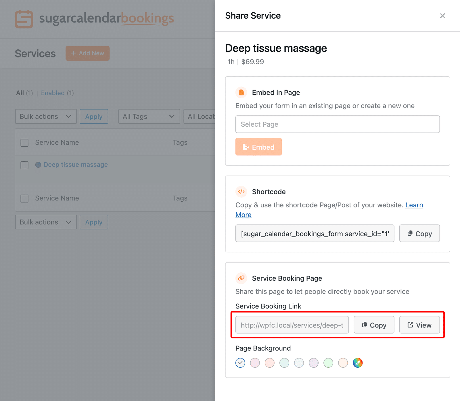 The Share Service panel showing the Embed In Page, Shortcode, and Service Booking Page options, with the Service Booking Link highlighted