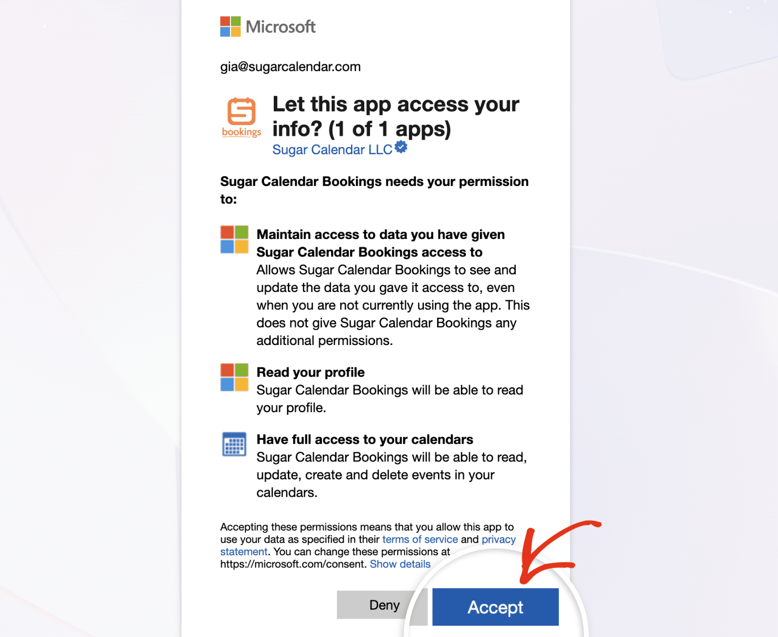 The Microsoft consent screen listing the requested permissions, with the Accept button