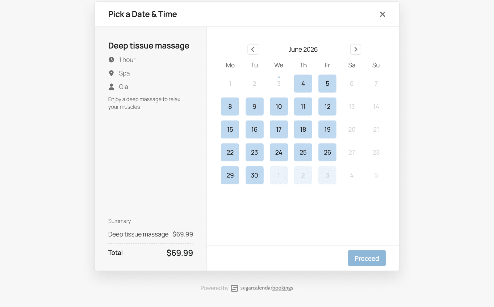 The shared service booking page on the front end, showing the date and time picker for the service