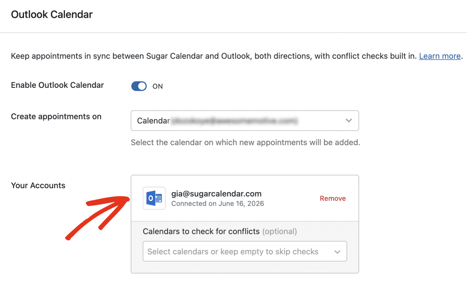 The Outlook Calendar panel showing the connected Microsoft account under Your Accounts