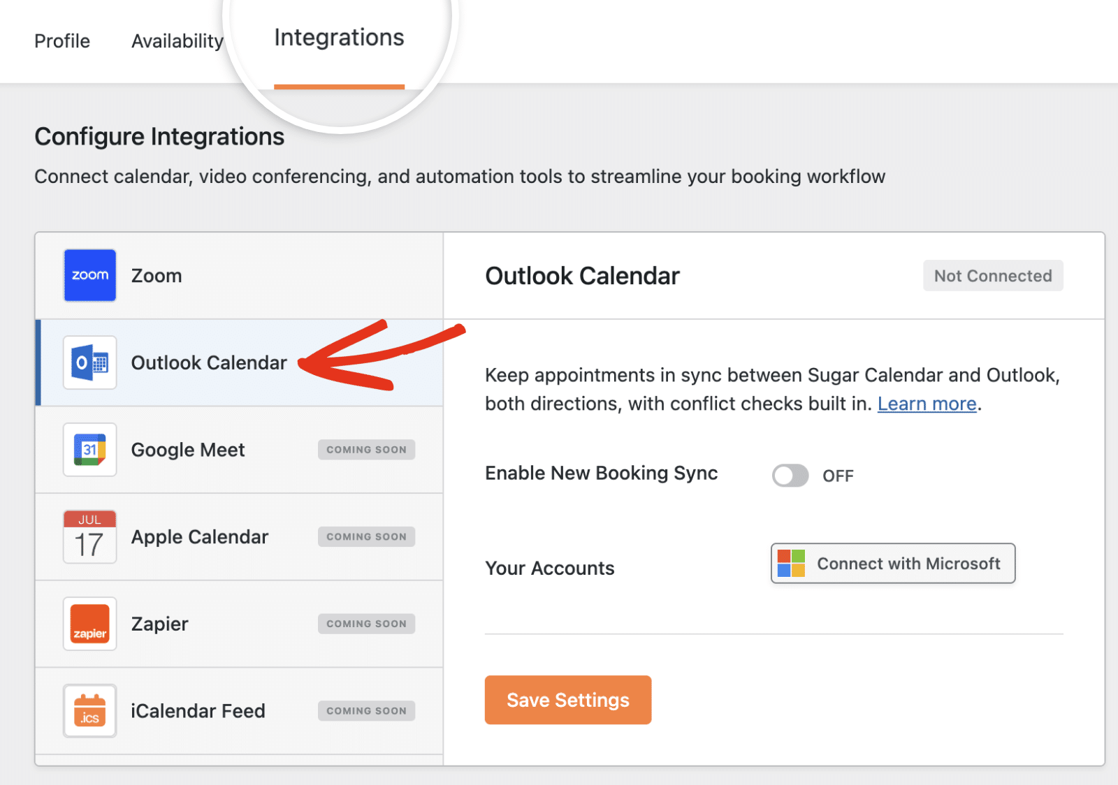 The employee settings Integrations tab with Outlook Calendar selected and the Connect with Microsoft button