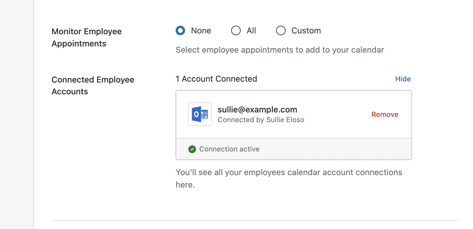 The Connected Employee Accounts section showing an active employee connection