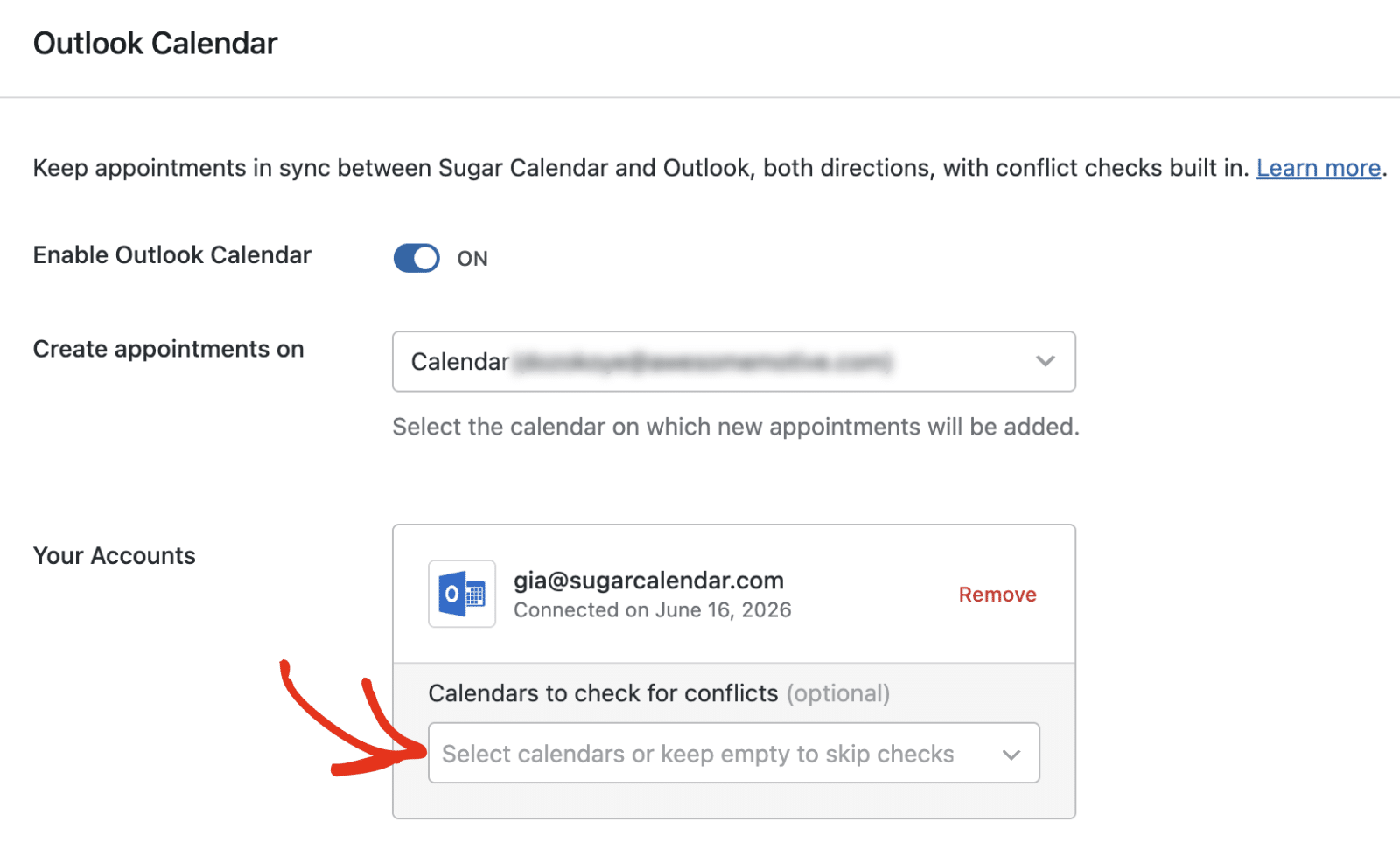 The Create appointments on dropdown for selecting the target calendar