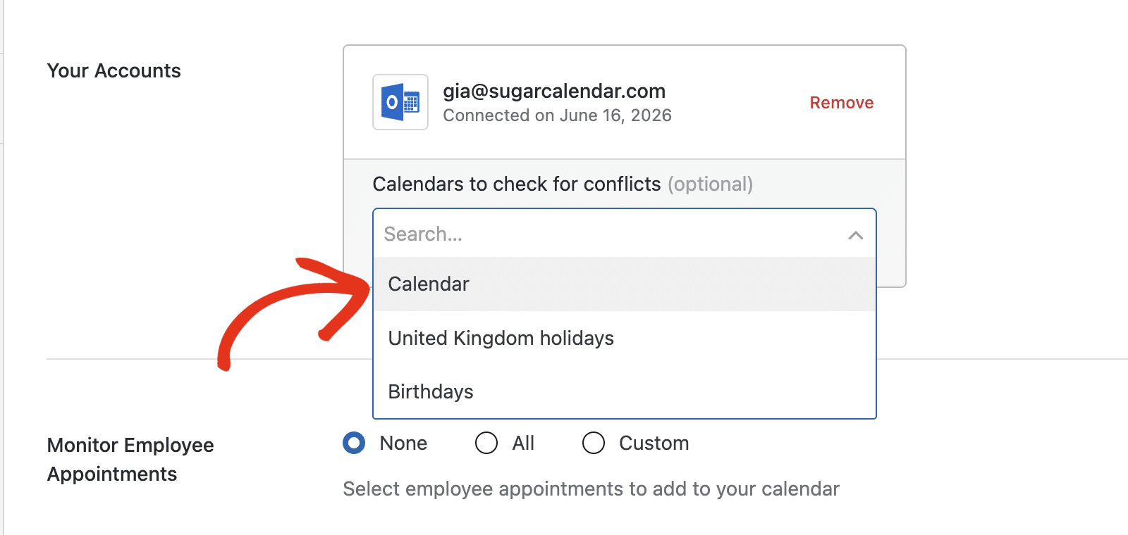 The Calendars to check for conflicts dropdown with the available calendars listed
