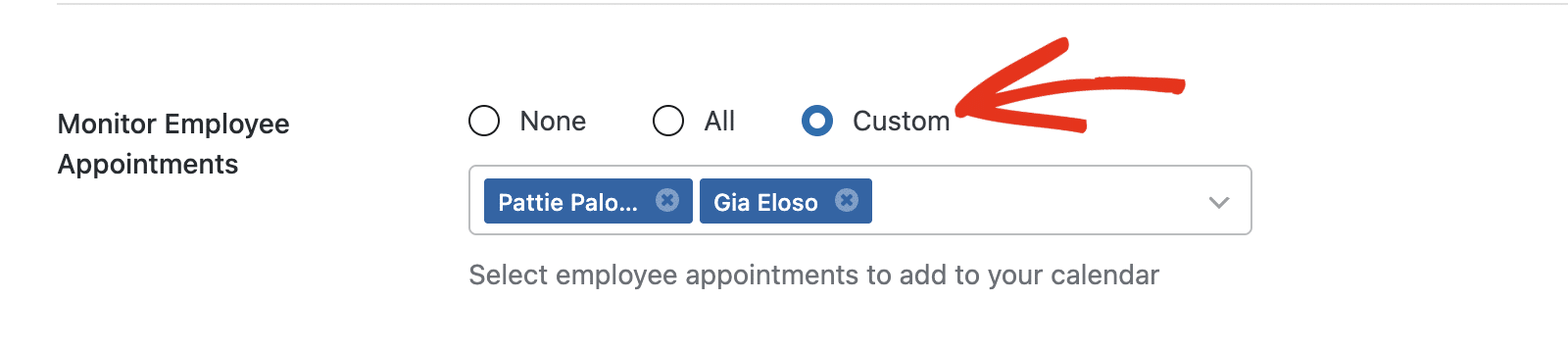 The Custom option selected with specific employees chosen in the field