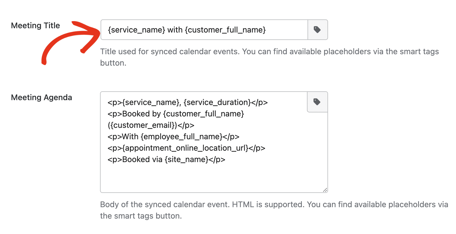 The Meeting Title field in the Outlook Calendar settings