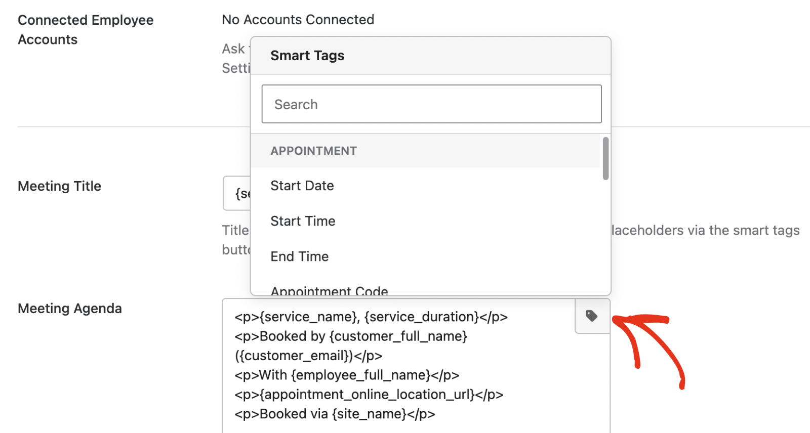 The smart tags list open next to the Meeting Agenda field