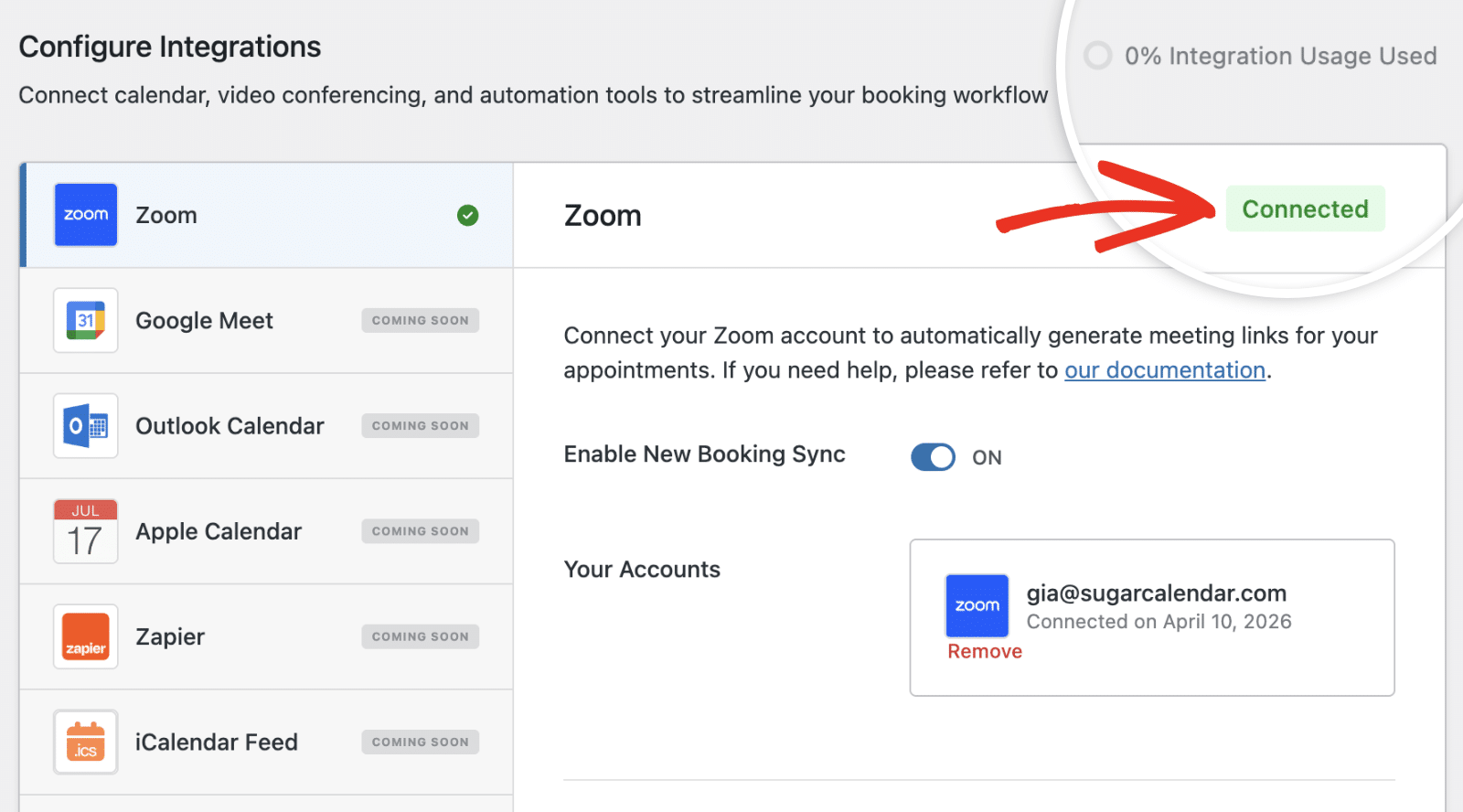 Integrations settings page showing the connected Zoom account name and email with a Disconnect button