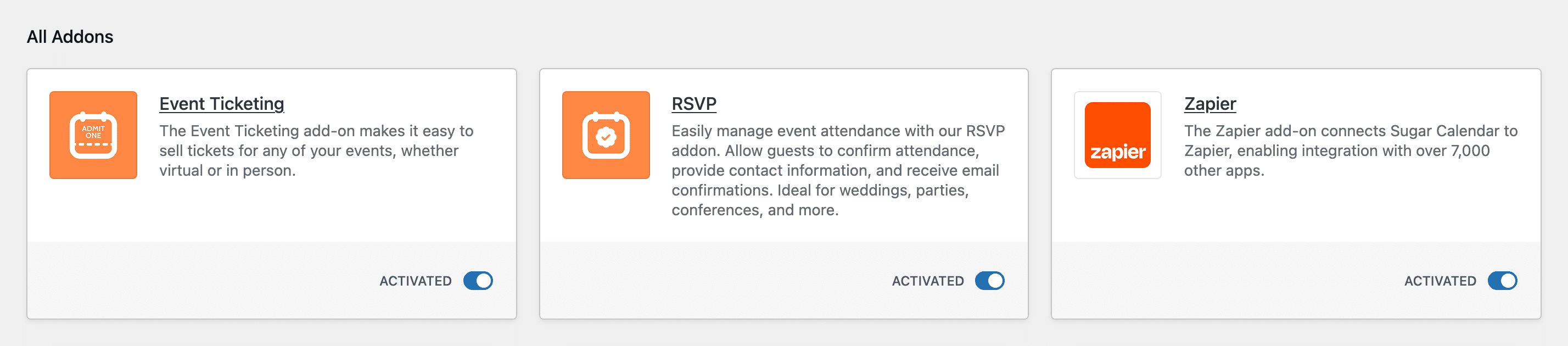 The Sugar Calendar Addons screen showing the Event Ticketing addon with its status set to Activated, alongside the RSVP and Zapier addons.