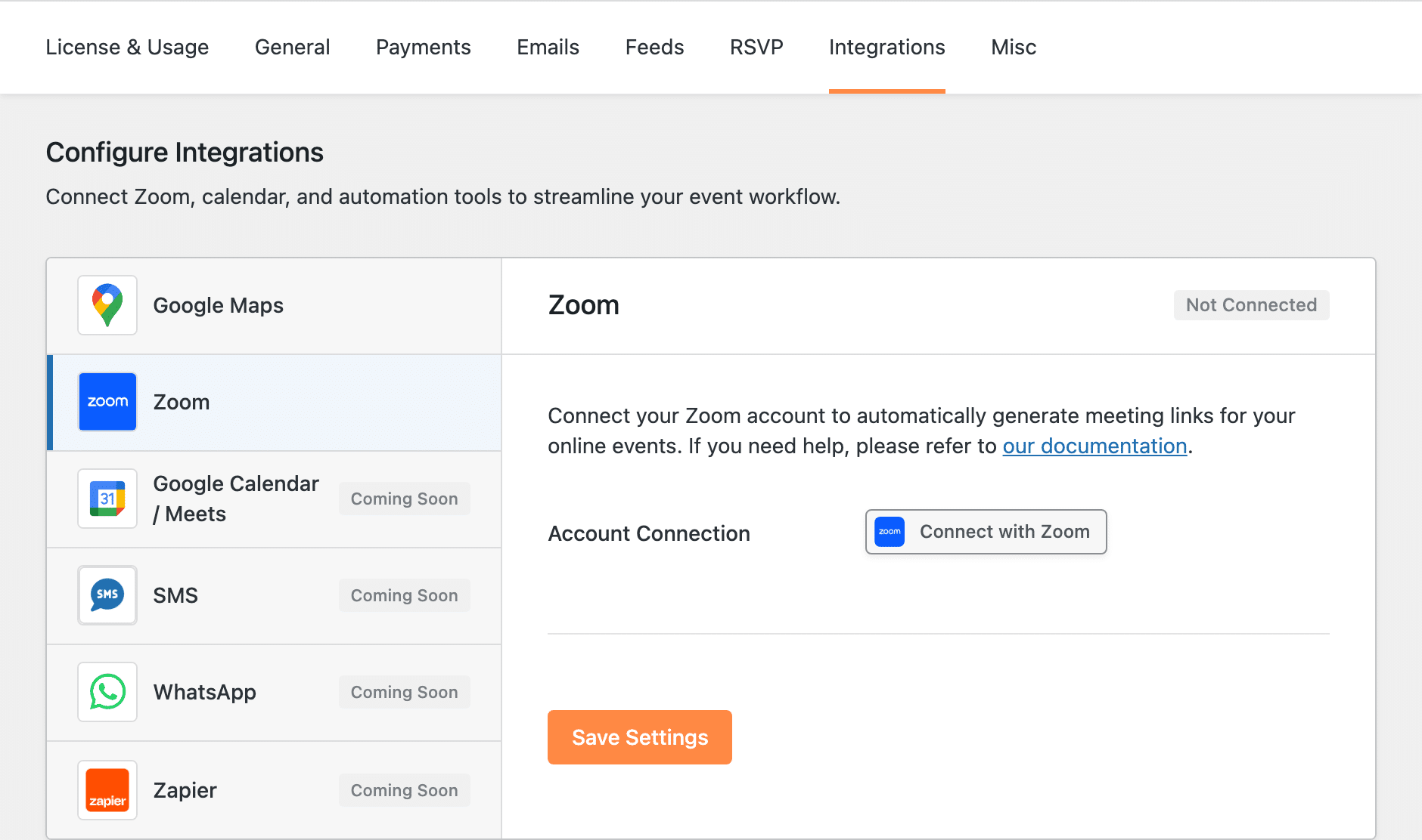 Sugar Calendar Events Integrations screen with Zoom selected and a Connect with Zoom button