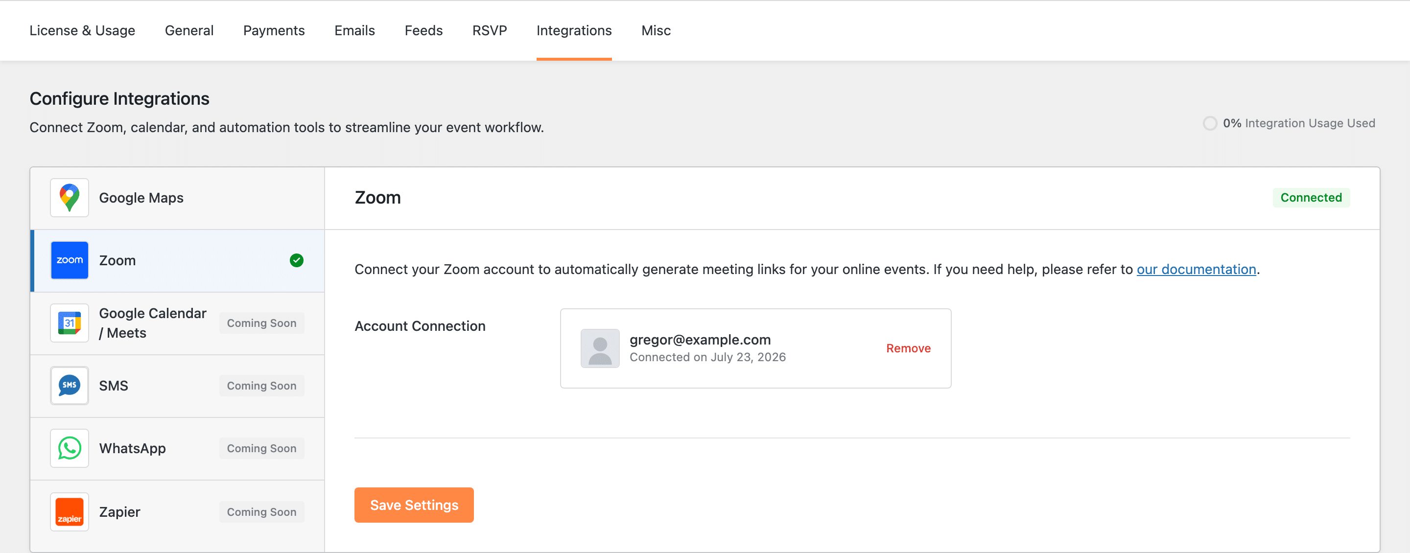 Zoom integration showing a connected account and a green Connected badge