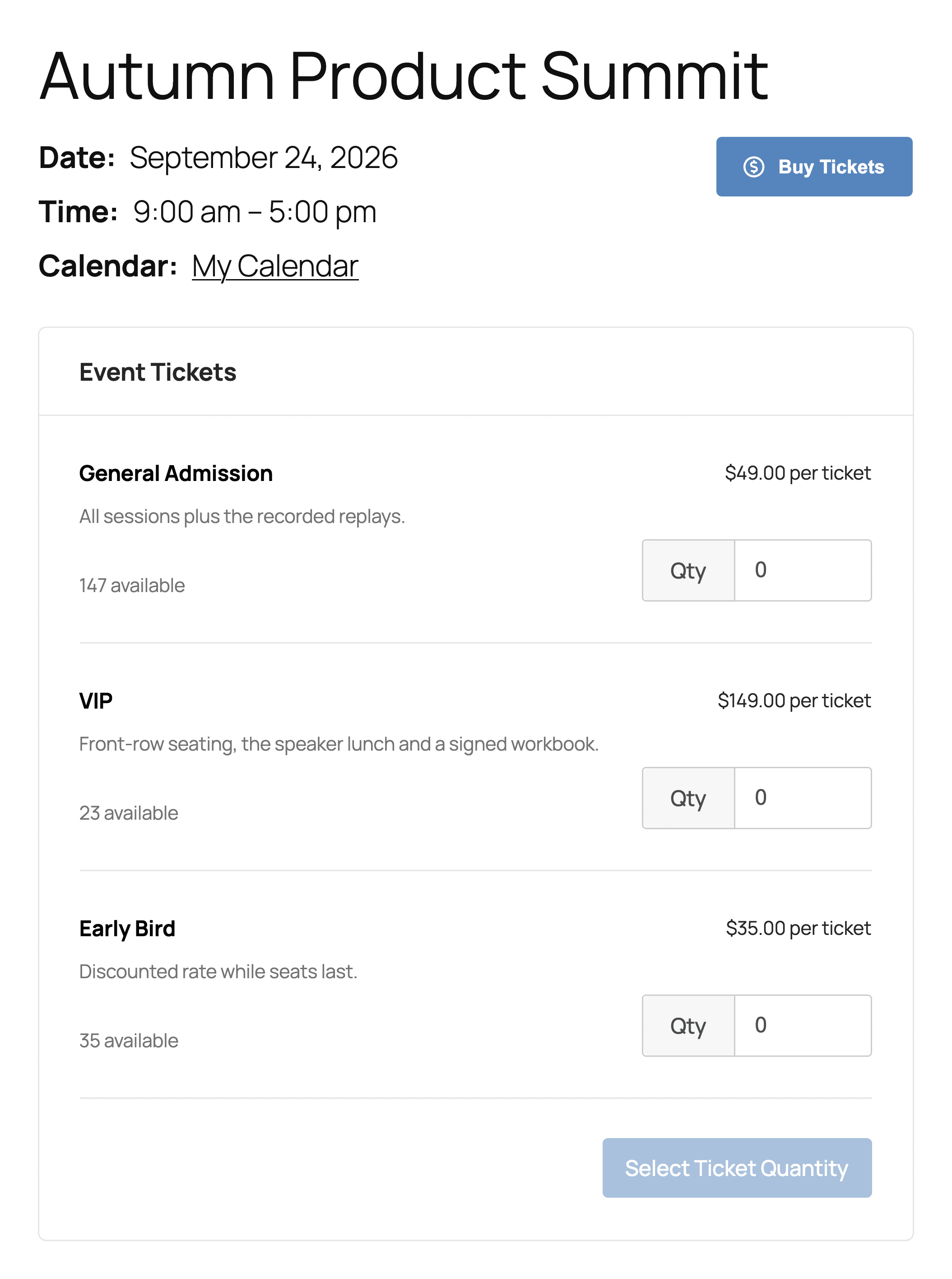 A public event page for Autumn Product Summit showing date, time and calendar, a Buy Tickets button, and an Event Tickets box listing General Admission at $49.00 with 147 available, VIP at $149.00 with 23 available, and Early Bird at $35.00 with 35 available, each with a quantity field.