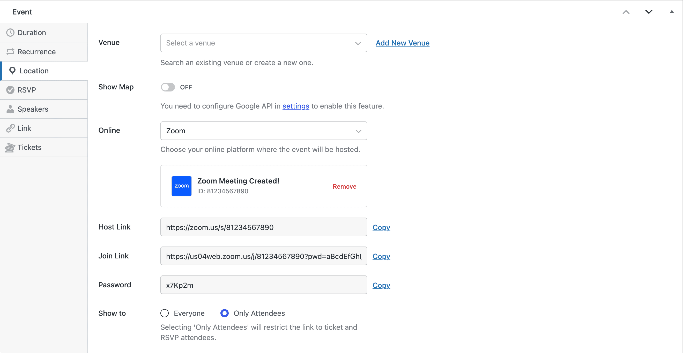 Event editor Location tab showing a created Zoom meeting with the meeting link, password, and Show to options