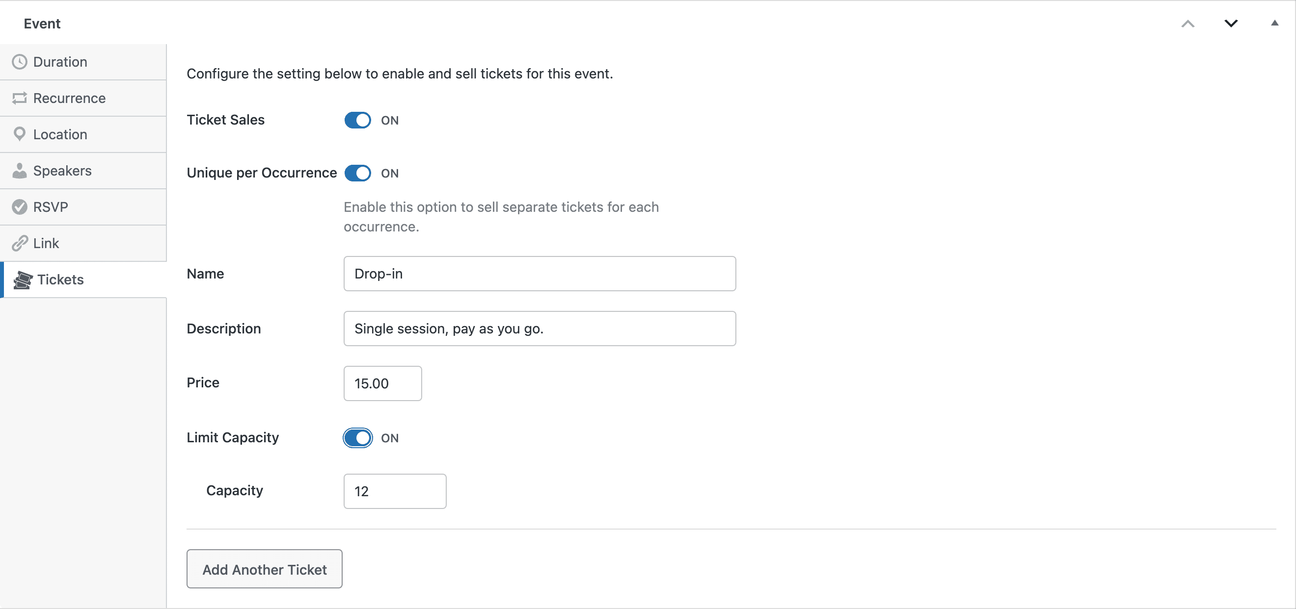 The Tickets tab for a recurring event with Ticket Sales on and Unique per Occurrence switched on, showing the help text "Enable this option to sell separate tickets for each occurrence".