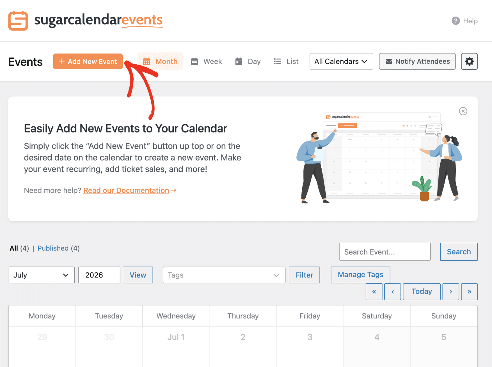 the Add New Event button on the Events screen