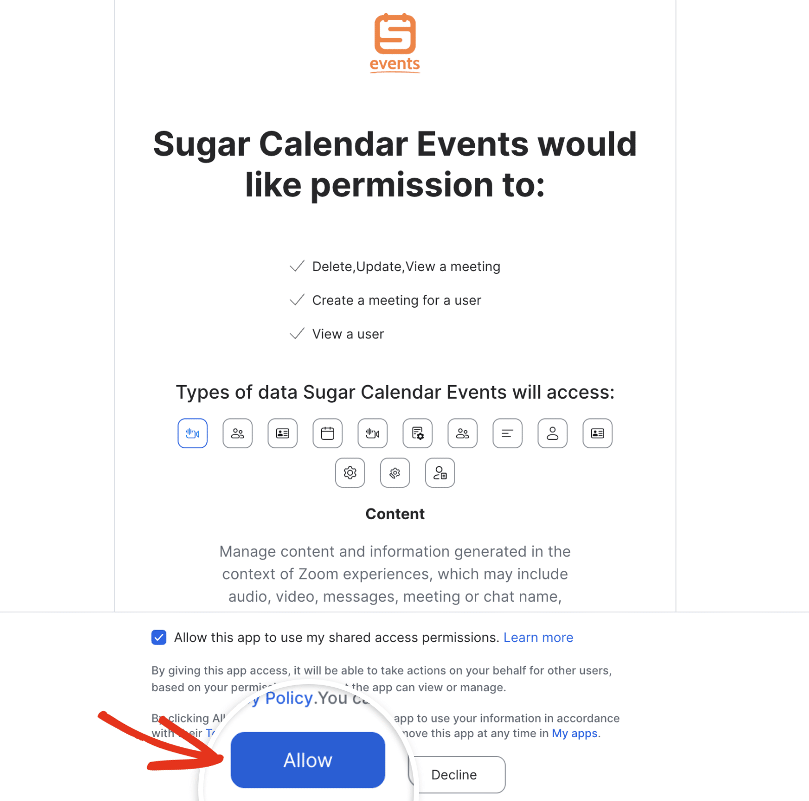 Zoom OAuth Allow confirmation screen showing the permissions being granted