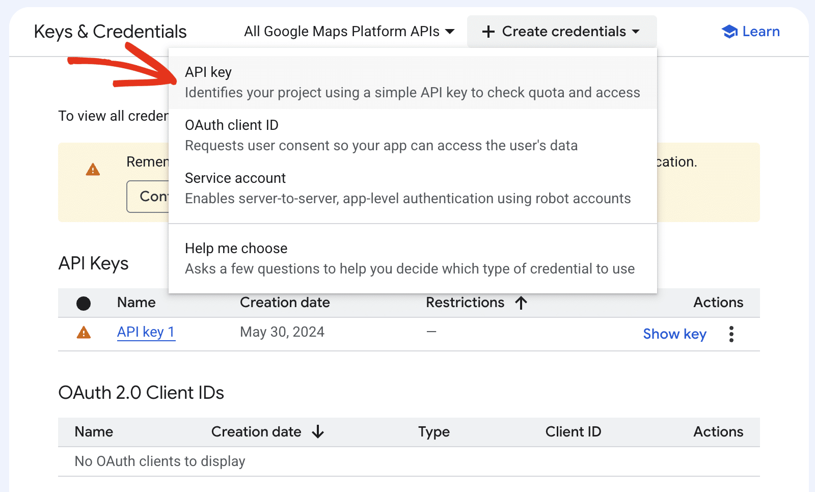 Create API key option