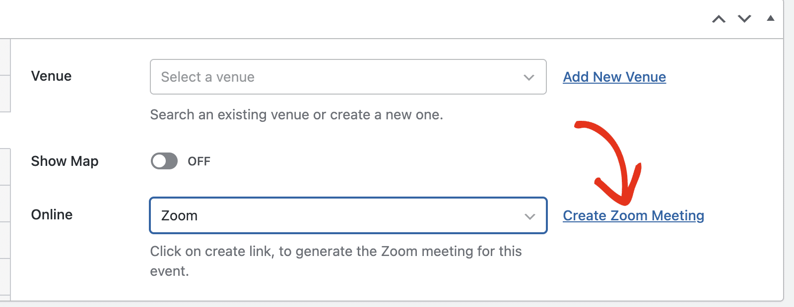 The Online dropdown in the event editor expanded, showing Zoom as an option