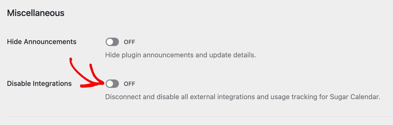 Disable Integrations toggle in the Misc tab