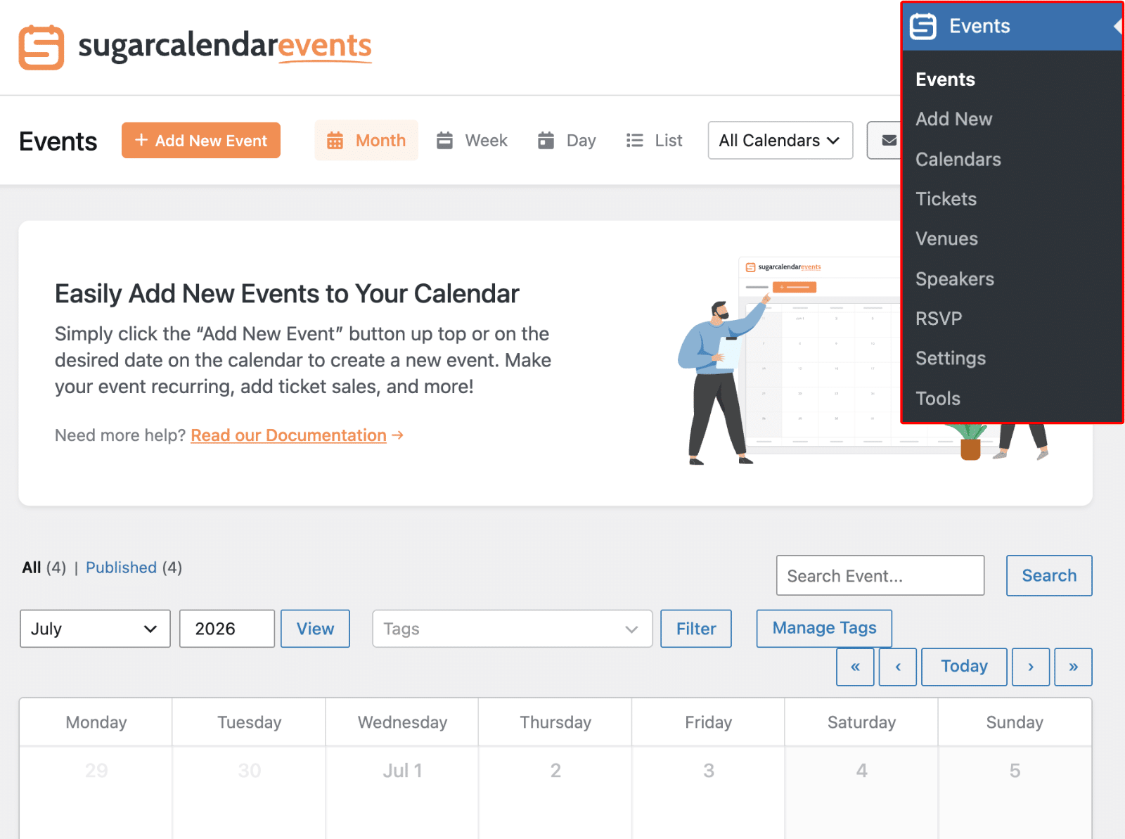 the Events calendar screen in the WordPress admin