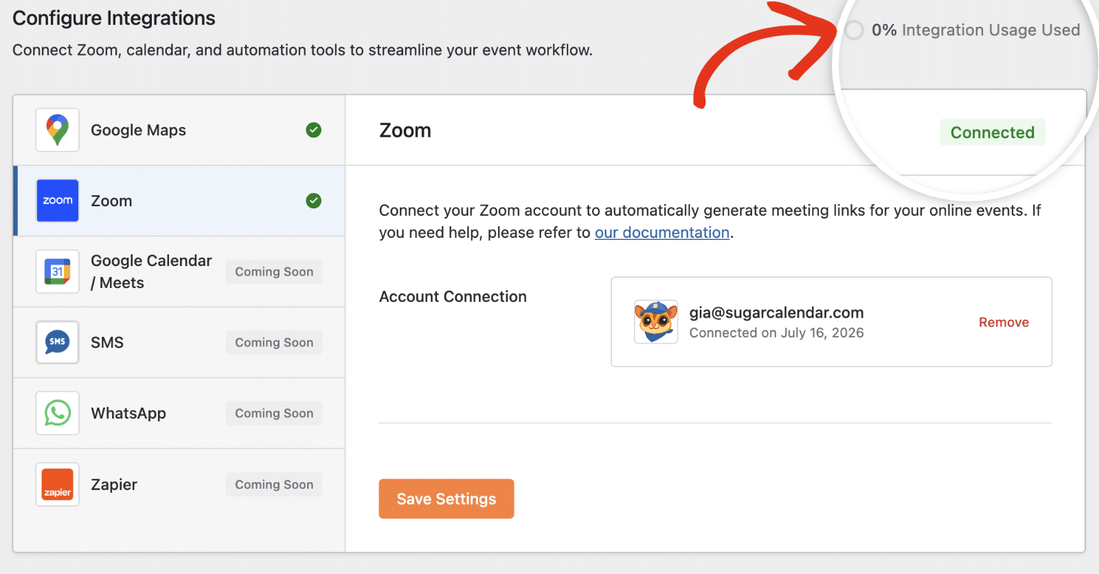 Integration usage indicator — Events plugin, Events » Settings » Integrations page, showing the circular usage indicator in the top-right corner