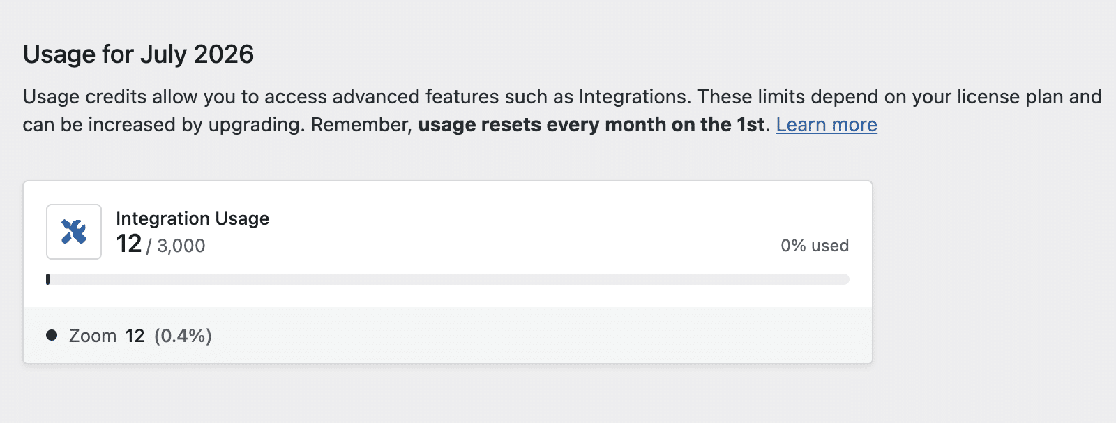 Integration Usage card — Events plugin, Events » Settings » License & Usage screen, showing the segmented usage bar, per-integration breakdown with counts and percentages, and the used / limit figure, any account email blurred