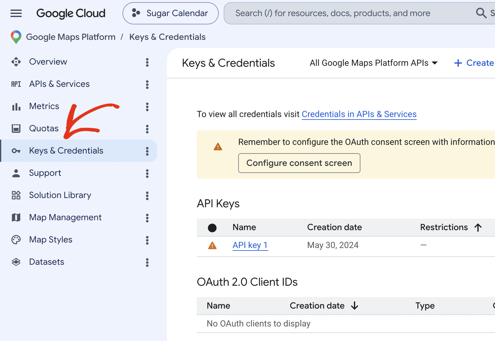 API services credentials page