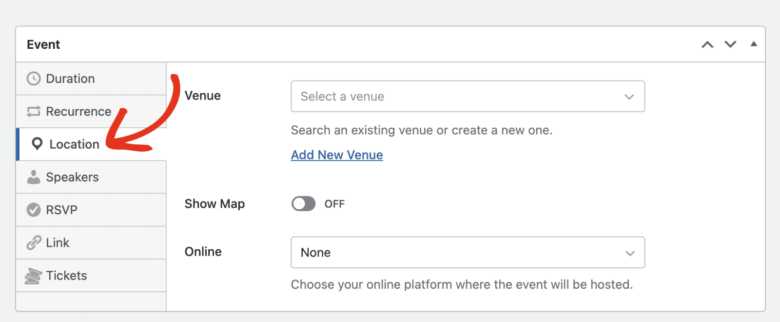 the unified Location tab open in the event editor, showing the offline Venue/Address fields above the Online dropdown