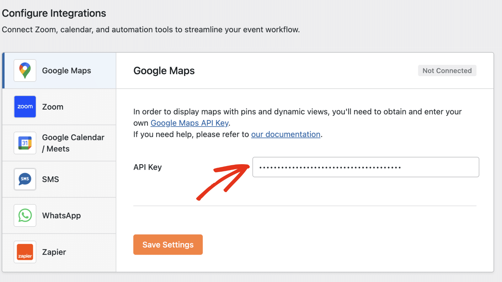 Paste API key value in Sugar Calendar