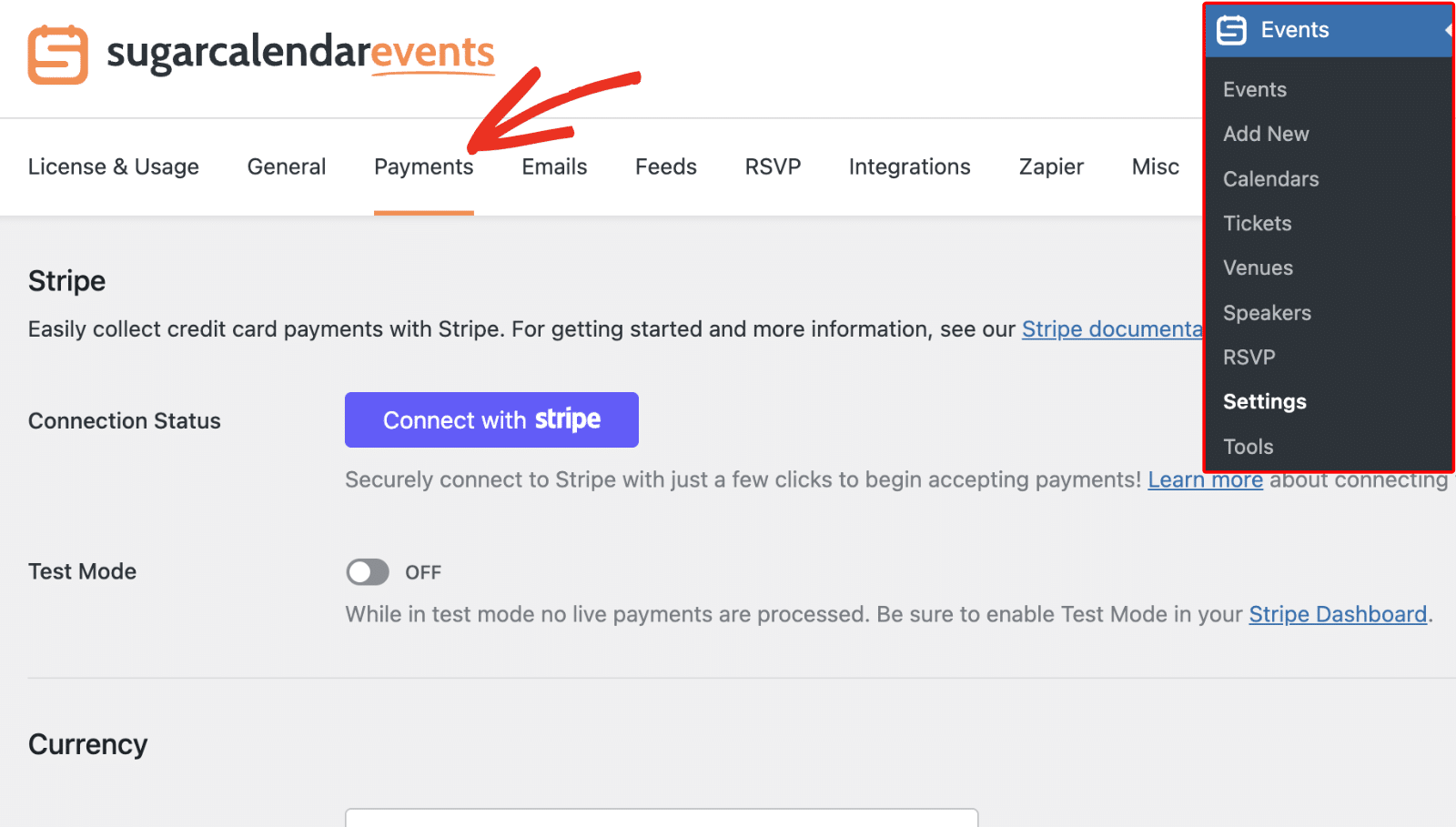 Payments tab in Sugar Calendar Events