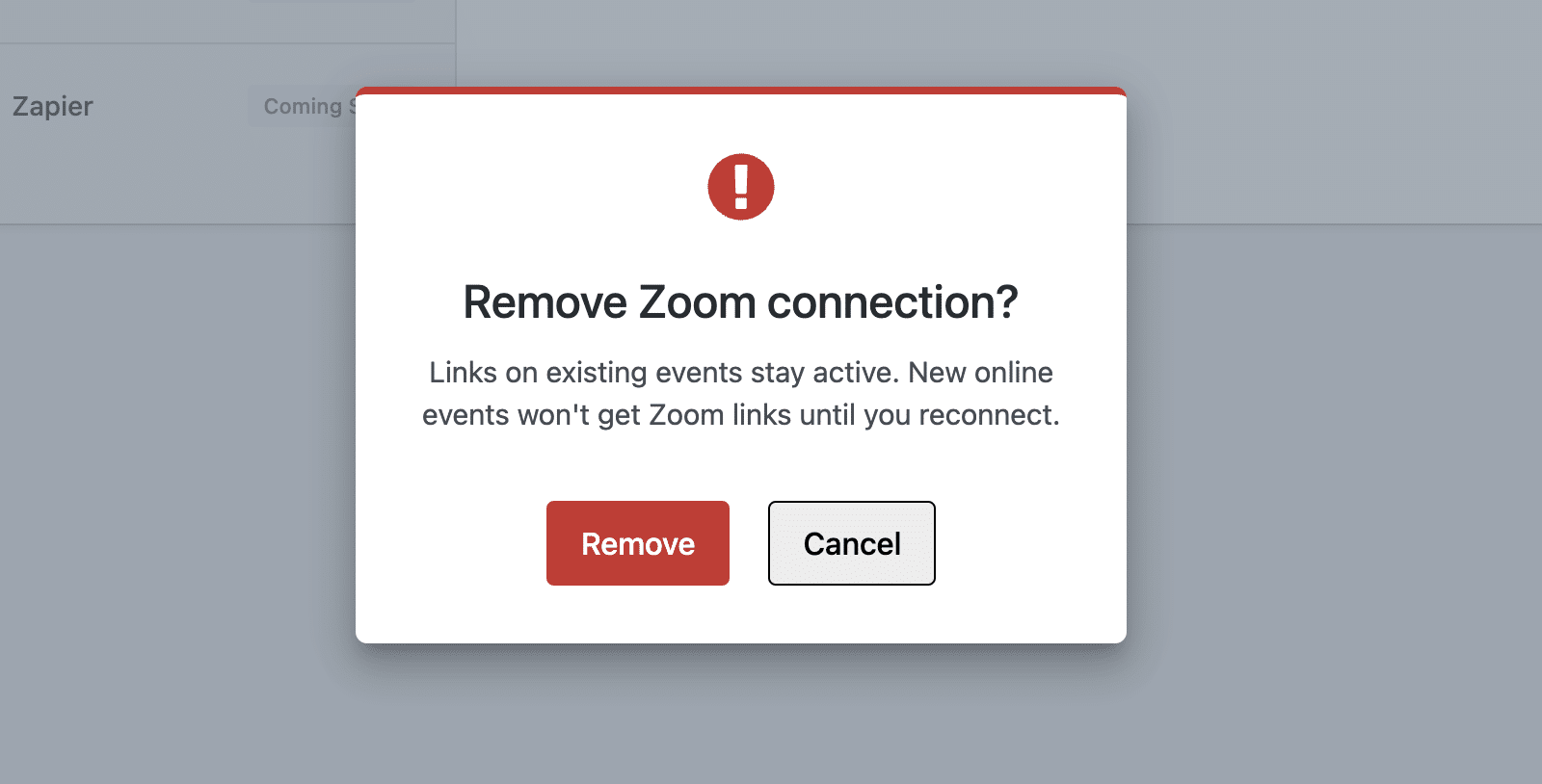 The confirmation modal asking the user to confirm removing the Zoom connection