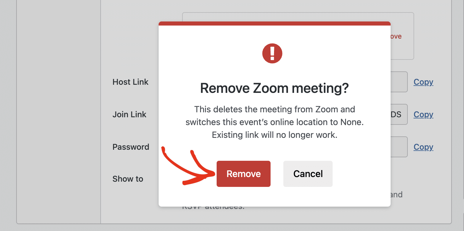 The confirmation modal asking the user to confirm removing the Zoom connection