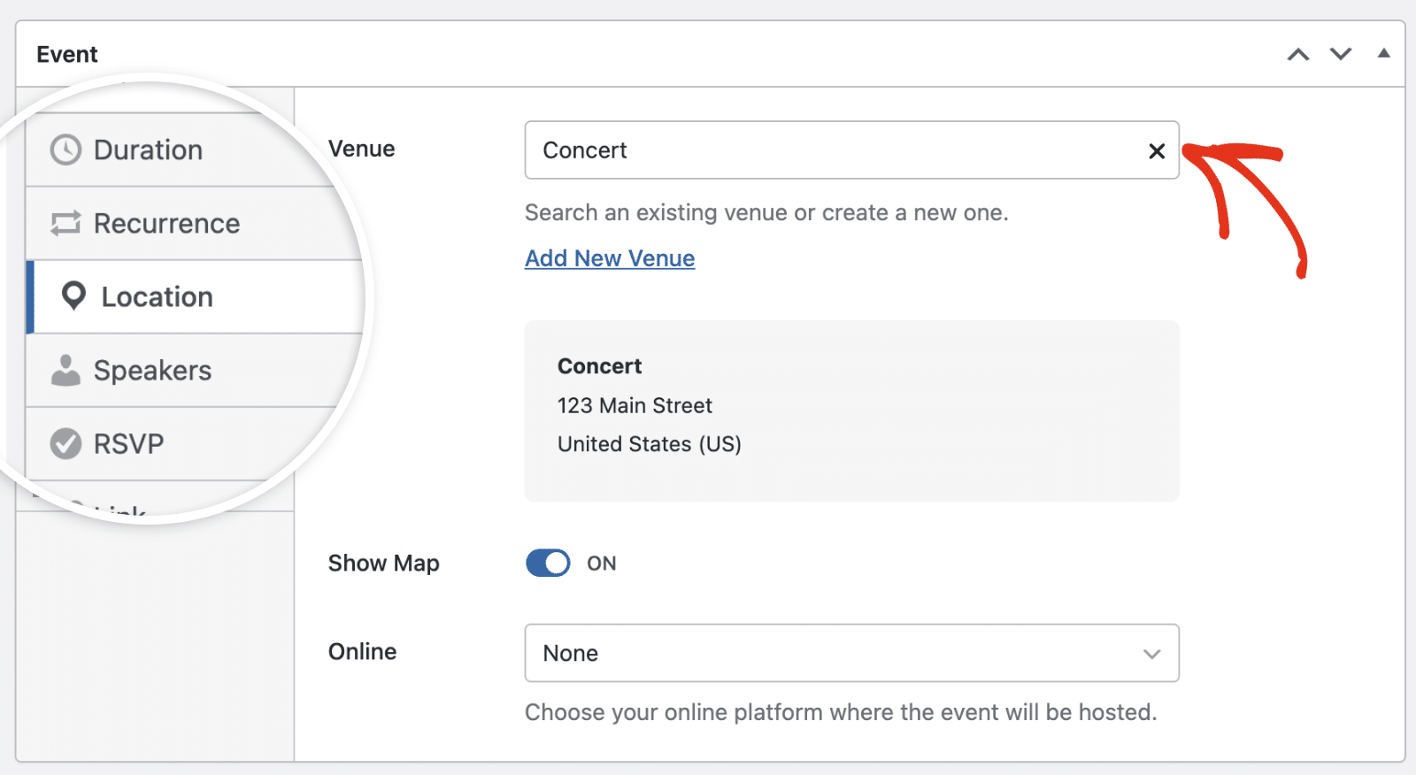 choosing a venue from the Venue dropdown