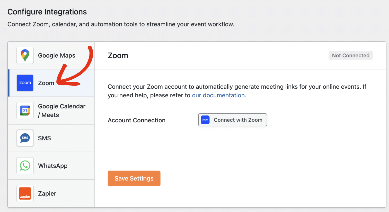 Select the Zoom integration tab