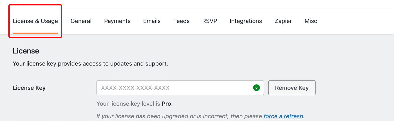 License & Usage tab in Events » Settings