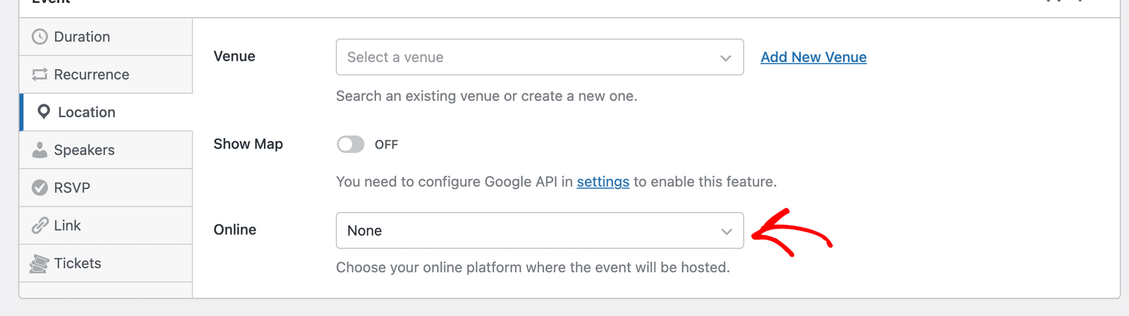the Online dropdown open below the venue fields, showing its options