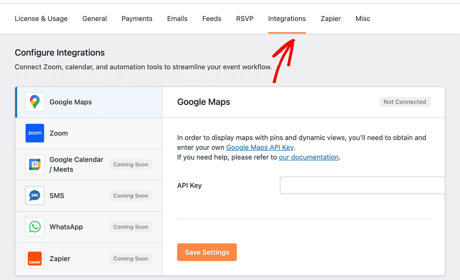 Integrations tab in Events » Settings
