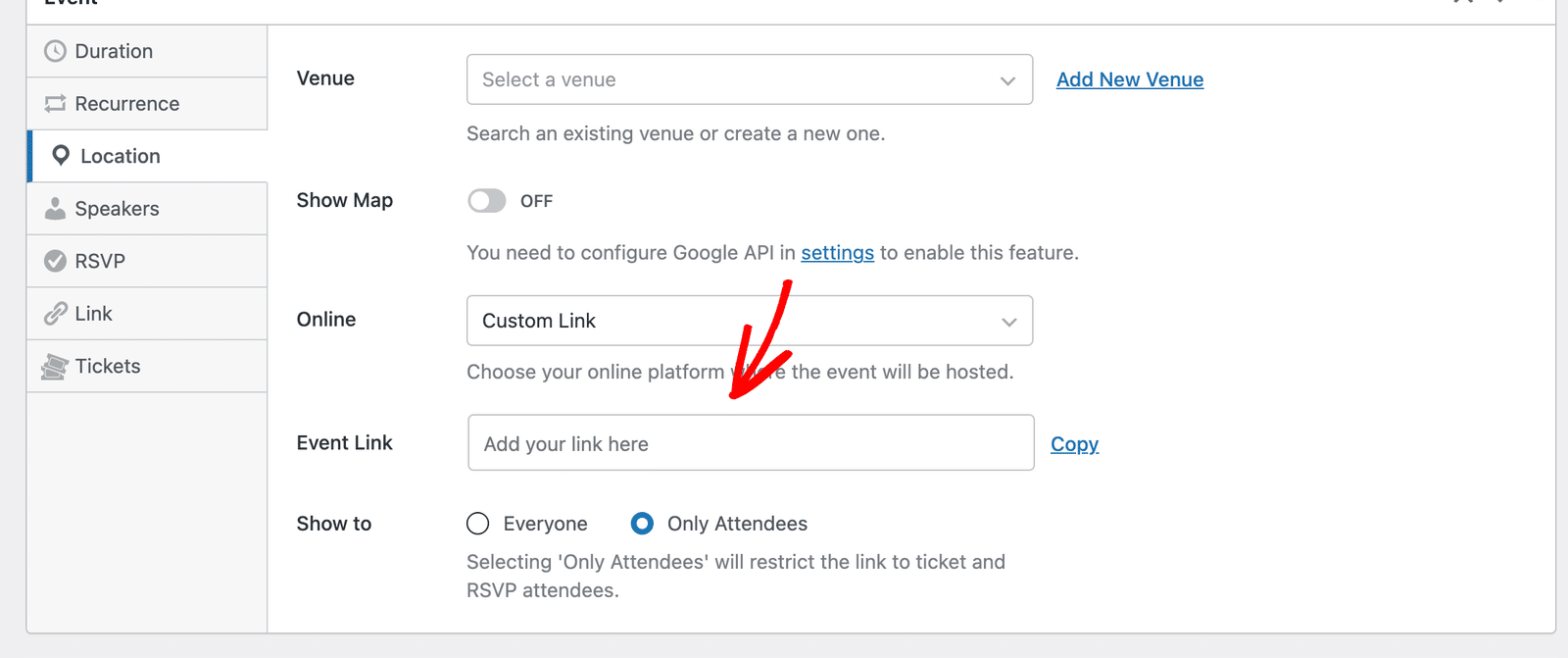 the Custom Link option selected showing the single Event Link field