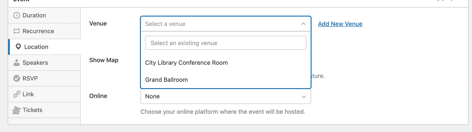 Select venue for event