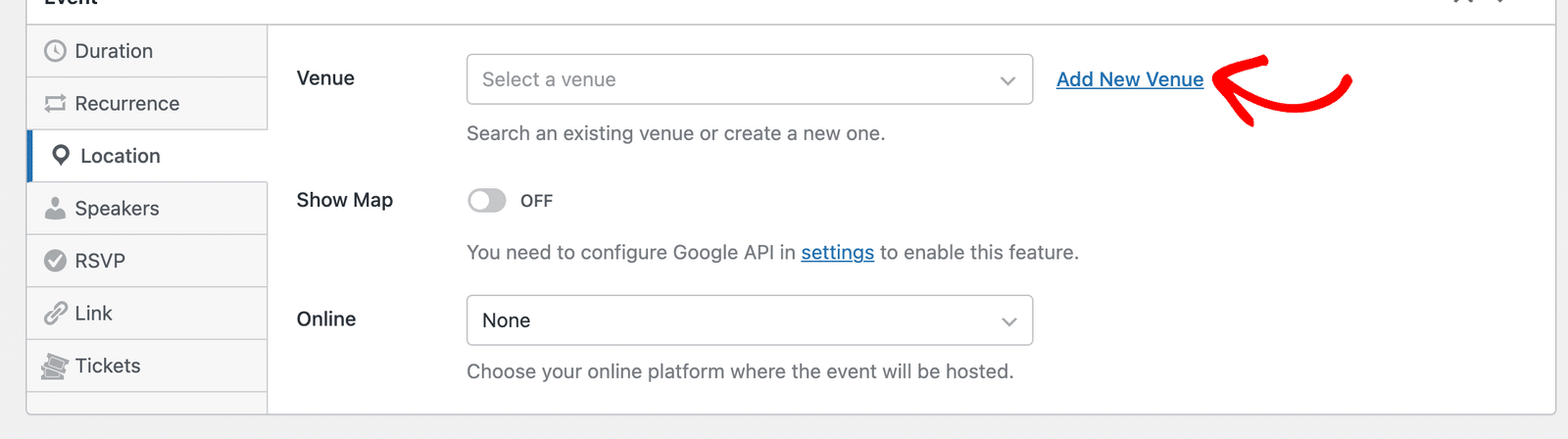 Add new venue from event editor