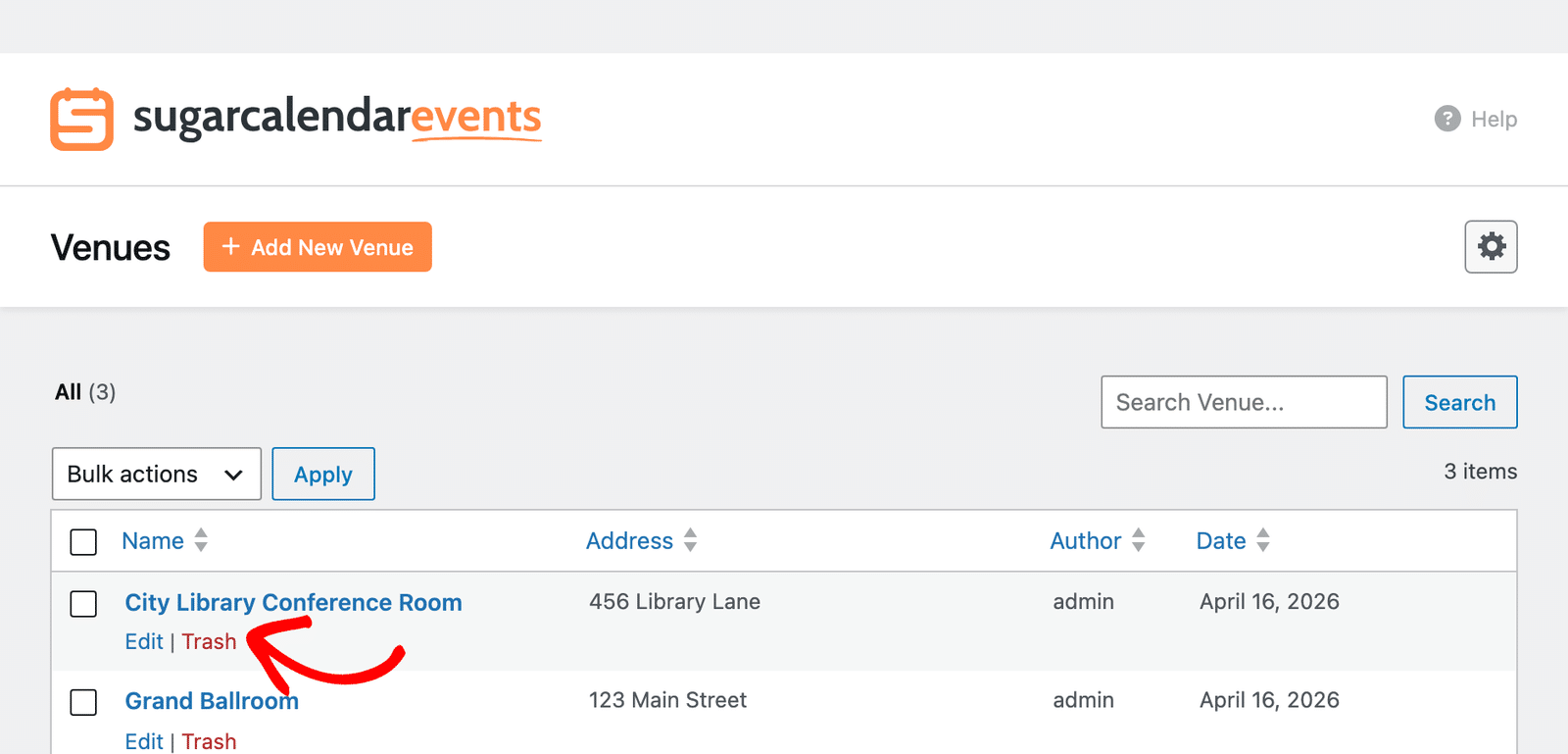 Deleting venues in Sugar Calendar