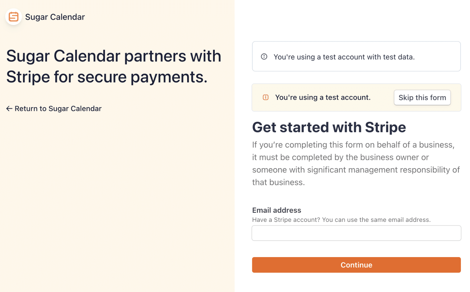 Connect Sugar Calendar with Stripe screen