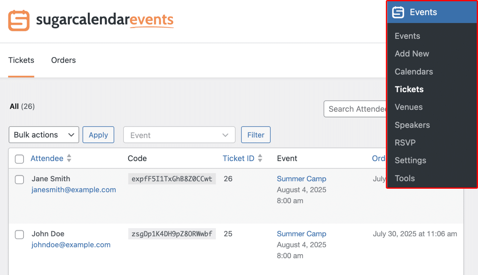 Sugar Calendar Tickets settings