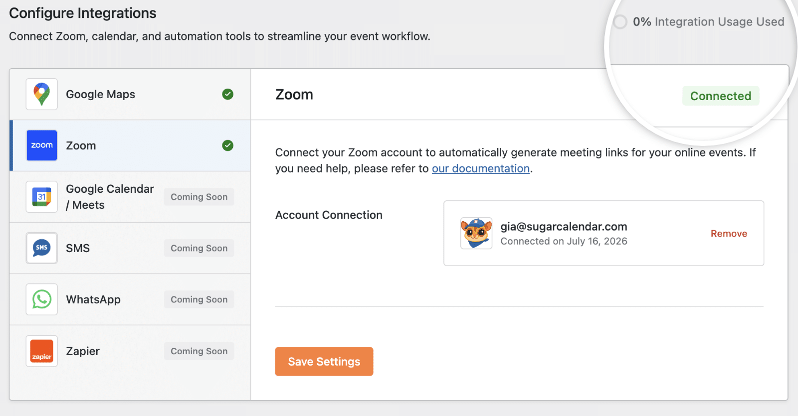 Integrations settings page showing the connected Zoom account