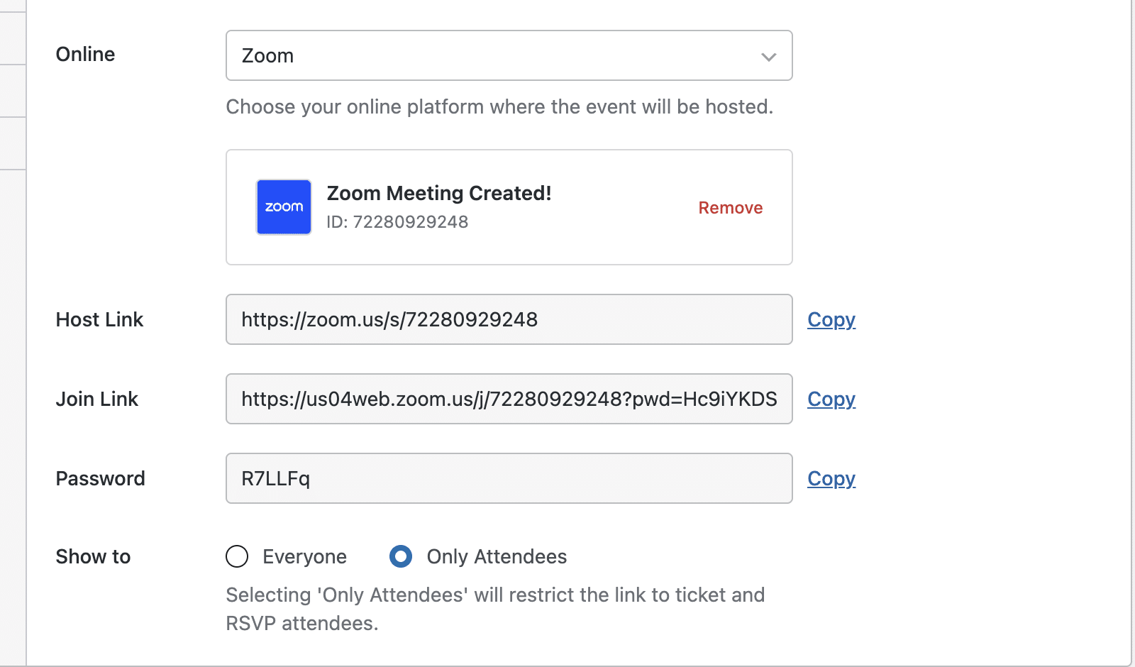 the connected Zoom meeting-details block in the Location tab, showing Host Link, Join Link, and Password with Copy buttons and the Show to control