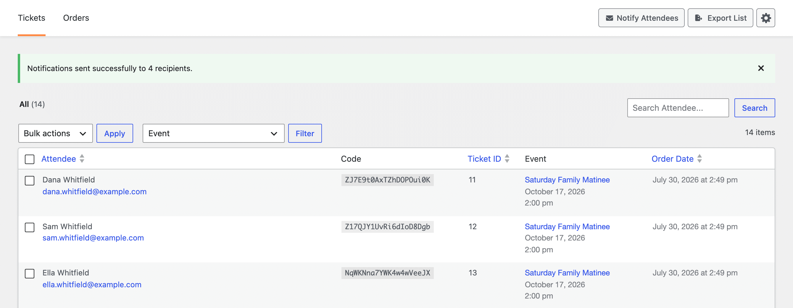 The Notify Attendees button in the header of the Tickets screen.