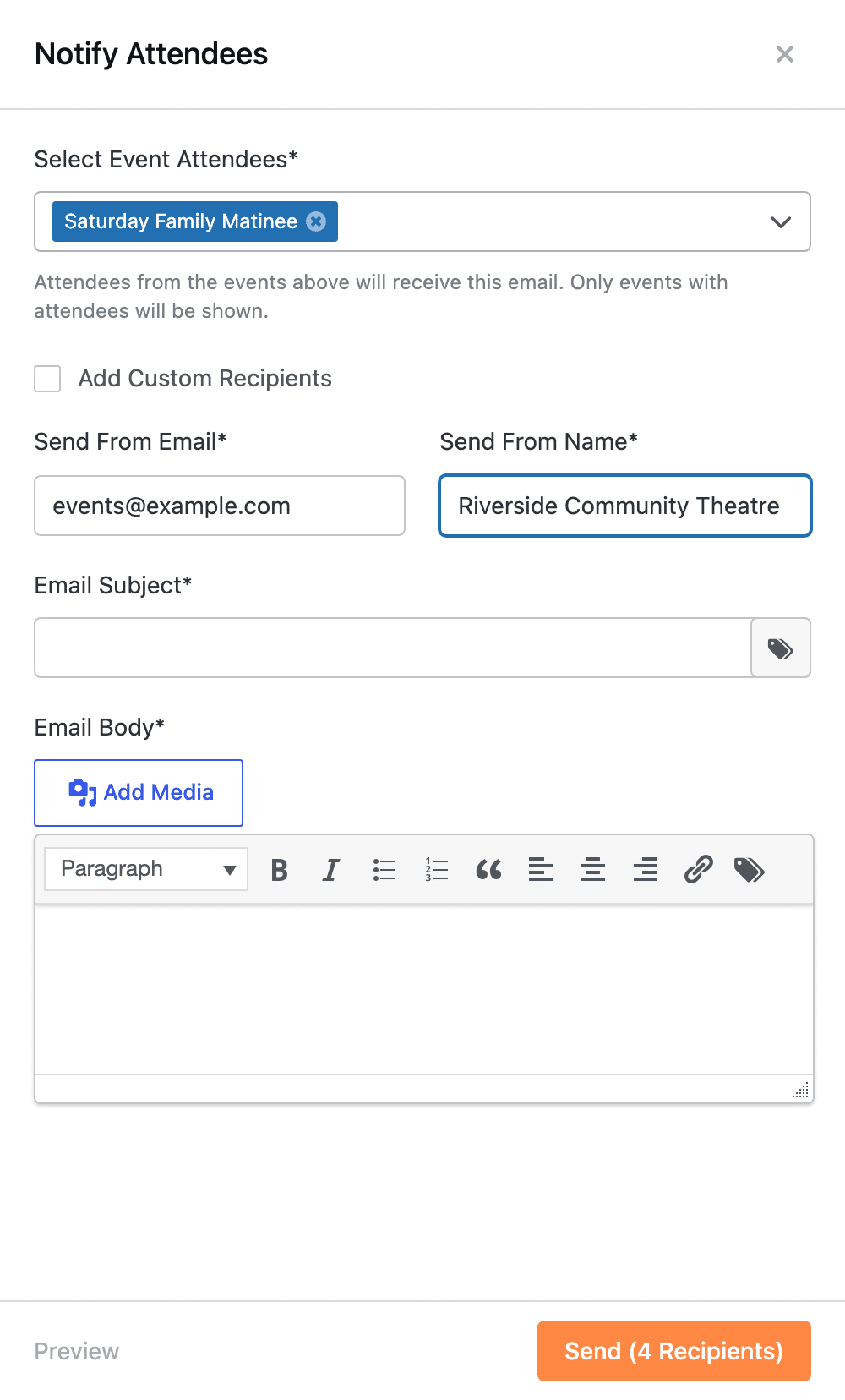 The Notify Attendees panel with one event chosen and the recipient count on the send button.