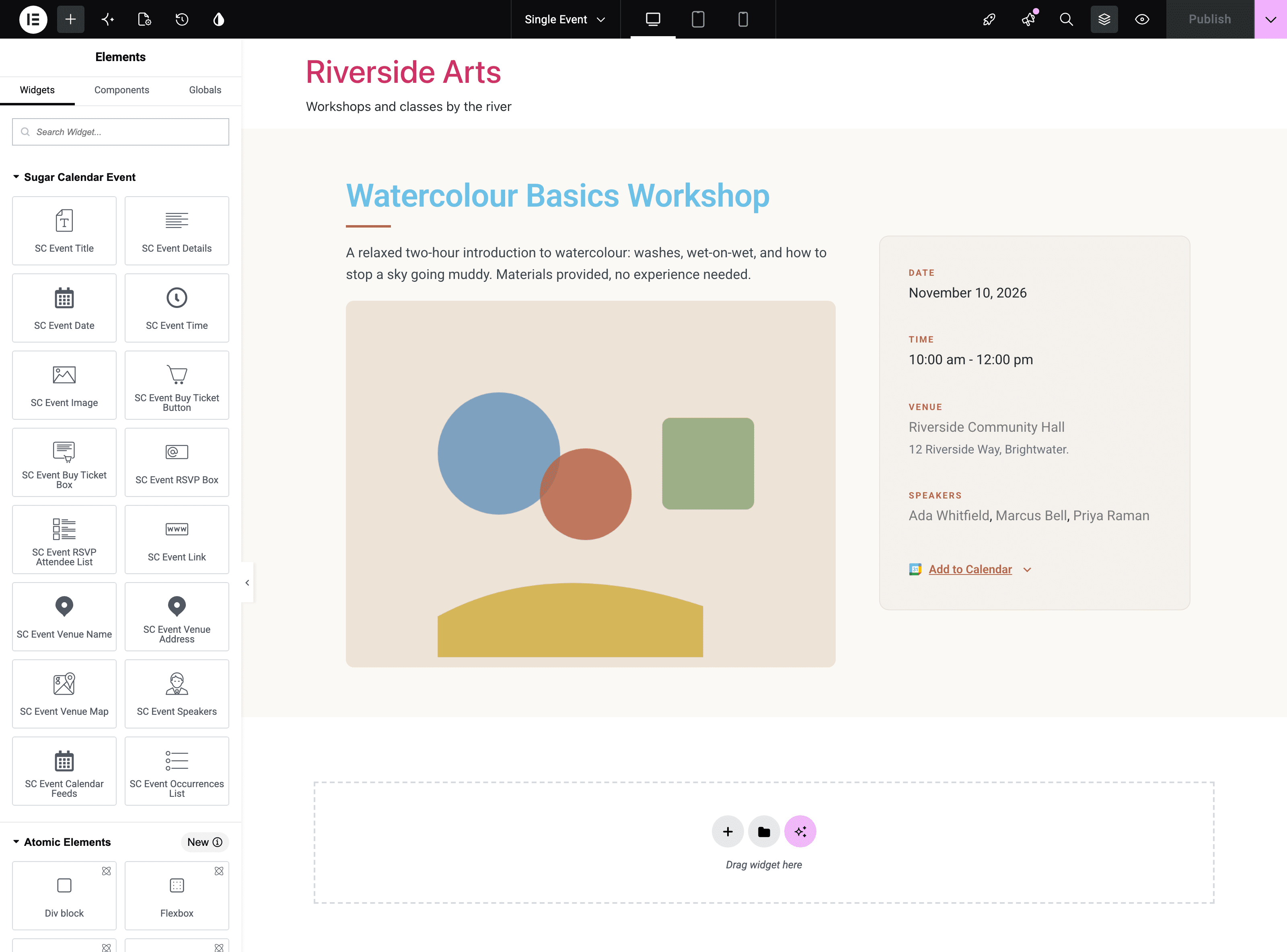 The Elementor editor on a Single Event template.