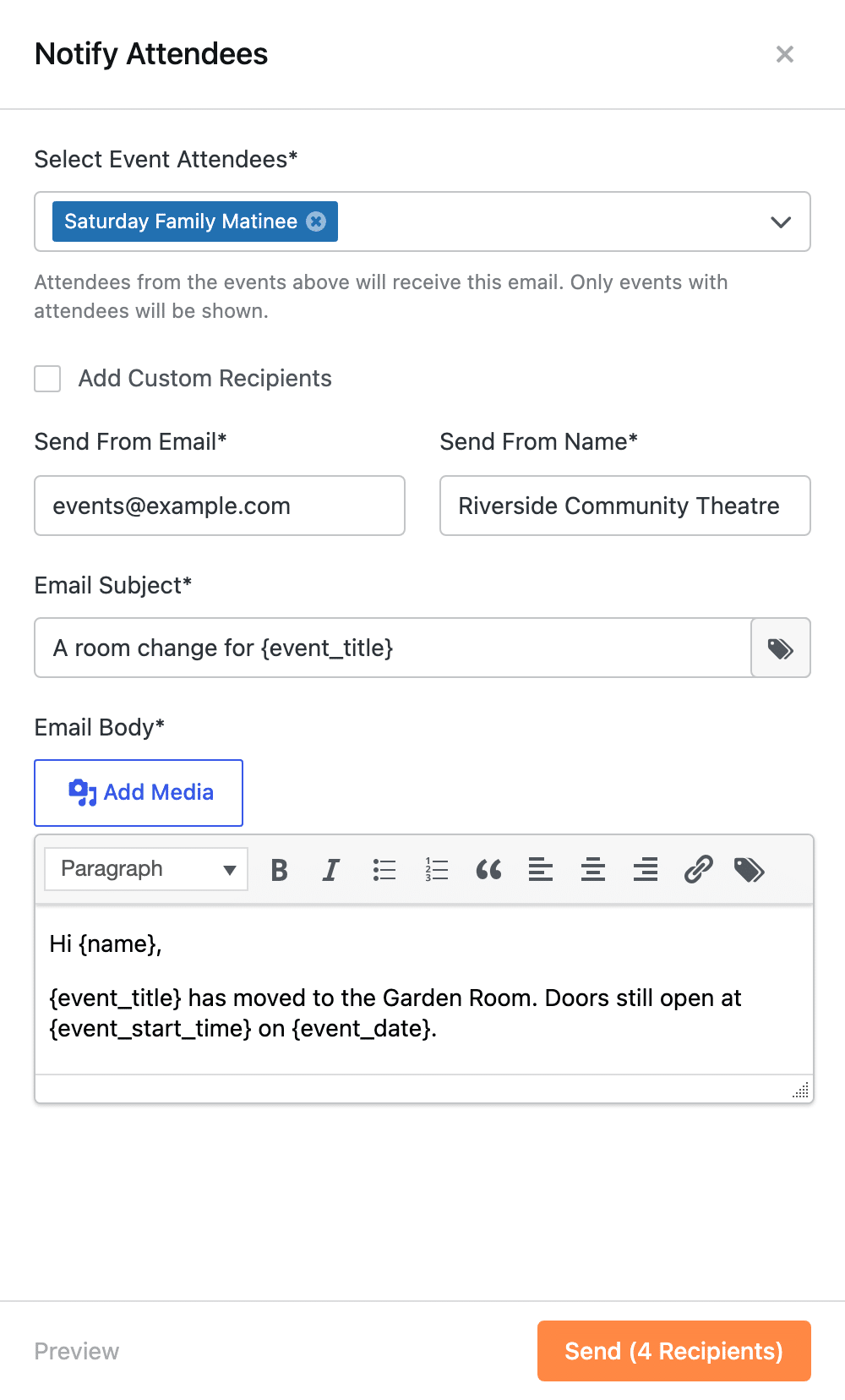 The composed panel: sender fields, a subject carrying a smart tag, and the message body.